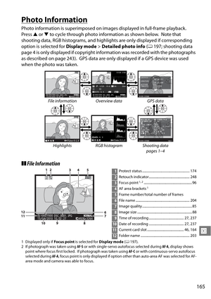 Page 185
165
I
Photo Information
Photo information is superimposed on images displayed in full-frame playback. 
Press 1 or  3 to cycle through photo information as shown below. Note that 
shooting data, RGB histograms, and highlights are only displayed if corresponding 
option is selected for  Display mode> Detailed photo info  (0 197; shooting data 
page 4 is only displayed if copyright info rmation was recorded with the photographs 
as described on page 243).
 GPS data are only displayed if a GPS device was...