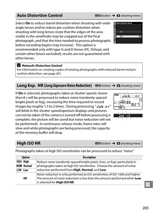 Page 225
205
U
Select On to reduce barrel distortion when shooting with wide-
angle lenses and to reduce pin-cushion distortion when 
shooting with long lenses (note that the edges of the area 
visible in the viewfinder may be cropped out of the final 
photograph, and that the time  needed to process photographs 
before recording begins may increase).
 This option is 
recommended only with type G an d D lenses (PC, fisheye, and 
certain other lenses excluded); results are not guaranteed with 
other lenses.
If...