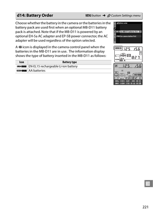 Page 241
221
U
Choose whether the battery in the camera or the batteries in the 
battery pack are used first when an optional MB-D11 battery 
pack is attached.
 Note that if the MB-D11 is powered by an 
optional EH-5a AC adapter and EP-5B power connector, the AC 
adapter will be used regardle ss of the option selected.
A s  icon is displayed in the camera control panel when the 
batteries in the MB-D11 are in use.
 The information display 
shows the type of battery insert ed in the MB-D11 as follows:
d14:...