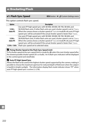Page 242
222
U
This option controls flash sync speed.
e: Bracketing/Flash
e1: Flash Sync SpeedG button ➜ACustom Settings menu
OptionDescription
1/320 s 
(Auto FP) Use auto FP high-speed sync with 
SB-900, SB-800, SB-700, SB-600, and 
SB-R200 flash units. If other flash unit s are used, shutter speed is set to 
1/320s. 
When the camera shows a shutter speed of 1/320s in mode P or  A, auto FP high-
speed sync will be activated if the actual shutter speed is faster than 1/320s.
1/250 s 
(Auto FP) Use auto FP...
