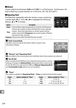 Page 244
224
U
❚❚Manual
Choose a flash level between  Full and  1/128  (1/128 of full power). At full power, the 
built-in flash has a Guid e Number of 12/39 (m/ft., ISO 100, 20 °C/68 °F).
❚❚Repeating Flash
The flash fires repeatedly while the shutter is open, producing 
a strobe-light effect.
 Press  4 or  2 to highlight the following 
options,  1 or  3 to change.
OptionDescription
Output Choose flash output (expressed as a fraction of full power).
Times Choose the number of times the flash fires at the...