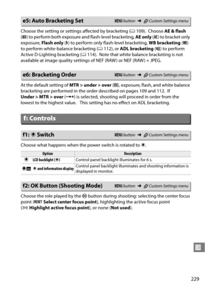 Page 249
229
U
Choose the setting or settings affected by bracketing (0109). Choose  AE & flash  
( j ) to perform both exposure  and flash-level bracketing, AE only (k ) to bracket only 
exposure,  Flash only  (l) to perform only flash-level bracketing,  WB bracketing (m ) 
to perform white-balance bracketing ( 0112), or  ADL bracketing  (y ) to perform 
Active D-Lighting bracketing ( 0114).
 Note that white balance bracketing is not 
available at image quality settings of NEF (RAW ) or NEF (RAW ) + JPEG.
At...