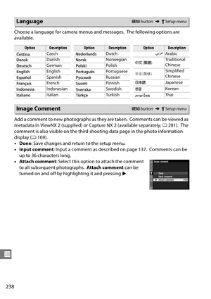 Page 258
238
U
Choose a language for camera menus and messages. The following options are 
available.
Add a comment to new photographs as they are taken.
 Comments can be viewed as 
metadata in ViewNX 2 (supplied) or  Capture NX 2 (available separately; 0281).
 The 
comment is also visible on the third shoo ting data page in the photo information 
display ( 0169).
• Done : Save changes and return to the setup menu.
• Input comment : Input a comment as described on page 137.
 Comments can be 
up to 36 characters...