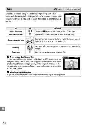 Page 272
252
U
Create a cropped copy of the selected photograph. The 
selected photograph is displayed with the selected crop shown 
in yellow; create a cropped copy as described in the following 
table.
Tr imG  button ➜Nretouch menu
ToUseDescription
Reduce size of crop
WPress the  W button to reduce the size of the crop.
Increase size of crop
XPress the  X button to increase the size of the crop.
Change crop aspect ratio Rotate the main command dial to switch between aspect 
ratios of 3 : 2, 4 : 3, 5 : 4, 1 :...