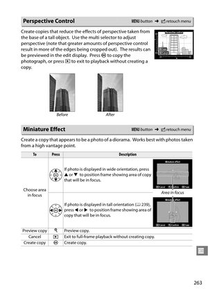 Page 283
263
U
Create copies that reduce the effects of perspective taken from 
the base of a tall object.
 Use the multi selector to adjust 
perspective (note that greater amounts of perspective control 
result in more of the  edges being cropped out).
 The results can 
be previewed in the edit display.
 Press  J to copy the 
photograph, or press  K to exit to playback without creating a 
copy.
Create a copy that appears to be a photo of a diorama.
 Works best with photos taken 
from a high vantage point....