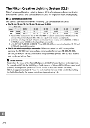 Page 296
276
n
The Nikon Creative Lighting System (CLS)
Nikon’s advanced Creative Lighting System (CLS) offers improved communication 
between the camera and compatible flash units for improved flash photography.
❚❚CLS-Compatible Flash Units
The camera can be used with the  following CLS-compatible flash units:
• The SB-900, SB-800, SB-700, SB-600, SB-400, and SB-R200 :
• The SU-800 wireless sp eedlight commander: When mounted on a CLS-compatible 
camera, the SU-800 can be used as a commander for remote SB-900,...