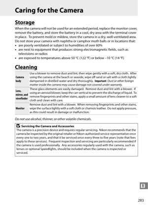 Page 303
283
n
Caring for the Camera
Storage
When the camera will not be used for an extended period, replace the monitor cover, 
remove the battery, and store the battery in a cool, dry area with the terminal cover 
in place.
 To prevent mold or mildew, store the camera in a dry, well-ventilated area. 
Do not store your camera with naphtha or  camphor moth balls or in locations that:
• are poorly ventilated or subject to humidities of over 60%
• are next to equipment that produces strong electromagnetic fields,...