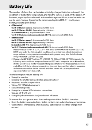 Page 341
321
n
Battery Life
The number of shots that can be taken with fully-charged batteries varies with the 
condition of the battery, temperature, and how the camera is used.
 In the case of AA 
batteries, capacity also varies with make  and storage conditions; some batteries can 
not be used.
 Sample figures for the camera an d optional MB-D11 multi-power 
battery pack are given below.
• CIPA standard
1
One EN-EL15 battery (camera) : Approximately 1050 shots
One EN-EL15 battery (MB-D11) : Approximately 1050...