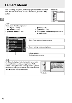 Page 38
18
X
Camera Menus
Most shooting, playback, and setup options can be accessed 
from the camera menus.
 To view the menus, press the  G 
button.
Ta b s
Choose from the following menus:
•
D:  Playback  (0 195)
•
C:  Shooting  (0 202)
• A : Custom Settings  (0 206) •
B: 
Setup  (0 236)
•
N:  Retouch  (0 248)
• O/m : My Menu  or Recent settings  (defaults to 
My Menu ; 0 265)
dIf a  d icon is displayed at the bottom left corner of the 
monitor, help can be displayed by pressing the  L 
button.
 A description...