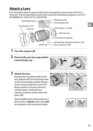 Page 45
25
X
Attach a Lens
Care should be taken to prevent dust from entering the camera when the lens is 
removed.
 The lens generally used in this manual for illustrative purposes is an AF-S 
DX NIKKOR 18–105 mm f/3.5–5.6G ED VR.
1Tu rn  t he  came ra o ff.
2Remove the rear lens cap and the 
camera body cap.
3Attach the lens.
Keeping the mounting mark on the 
lens aligned with the mounting mark 
on the camera body, position the lens 
in the camera’s bayonet mount ( q).
 
Being careful not to press the lens-...