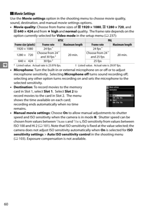 Page 80
60
y
❚❚Movie Settings
Use the  Movie settings  option in the shooting menu to choose movie quality, 
sound, destination, and manu al movie settings options.
• Movie quality : Choose from frame sizes of  q1920 × 1080 , a 1280 × 720 , and 
b 640 × 424  and from ★high  and normal  quality.
 The frame rate depends on the 
option currently selected for  Video mode in the setup menu ( 0237):
• Microphone : Turn the built-in or external microphone on or off or to adjust 
microphone sensitivity.
 Selecting...