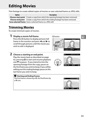 Page 83
63
y
Editing Movies
Trim footage to create edited copies of movies or save selected frames as JPEG stills.
Tr i m m i n g  M ov i e s
To create trimmed copies of movies:
1Display a movie full frame.
Press the K button to display pictures full 
frame in the monitor and press  4 and  2 to 
scroll through pictures until the movie you 
wish to edit is displayed.
2Choose a starting or end point.
Play the movie back as described on page 
62, pressing  J to start and resume playback 
and  3 to pause.
 If you...