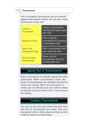 Page 3015e mnst a o Tunr
You can set  the rules and  choose  the start date
and time for tournaments you create. Give your
tournament code to other players so they can find
it with the Search by Code feature.
Enter a tournament  to compete against the other
participants. While a tournament is open, the
points of all participants are uploaded and used to
create the ranking. When the tournament is
closed, you can still take part, but it will be viewed
as practice  and your  points won't count toward
the...