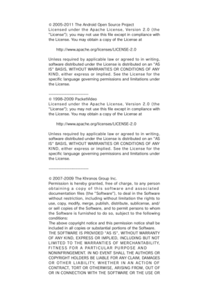 Page 36© 2005-2011 The Android Open Source Project
Licensed under the Apache License, Version 2.0 (the
"License"); you may not use this file except in compliance with
the License. You may obtain a copy of the License at
      http://www.apache.org/licenses/LICENSE-2.0
Unless required by applicable law or agreed to in writing,
software distributed under the License is distributed on an "AS
IS"  BASIS,  WITHOUT  WARRANTIES OR CONDITIONS  OF  ANY
KIND, either express or implied. See the License for...