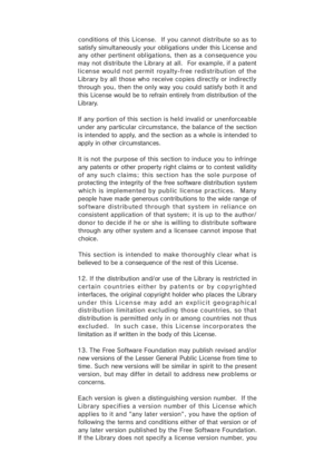 Page 46conditions of this License.  If you cannot distribute so as to
satisfy simultaneously your obligations under this License and
any other pertinent obl igation s,  then as a con sequ ence you
may not distribute the Library at all.  For example, if a patent
license  would not permit  royalty-free redistribution of the
Library by all those who receive copies directly or indirectly
through you, then the only way you could satisfy both it and
this License would be to refrain entirely from distribution of the...