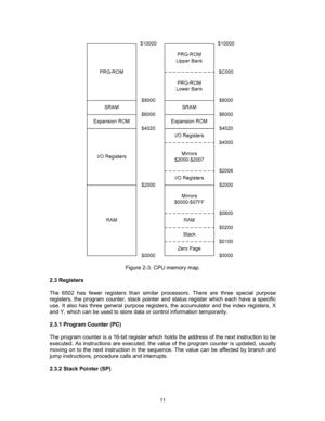 Page 11 
 
11
 
Figure 2-3. CPU memory map. 
 
2.3 Registers 
 
The 6502 has fewer registers than similar processors. There are three special purpose 
registers, the program counter, stack pointer and status register which each have a specific 
use. It also has three general purpose registers, the accumulator and the index registers, X 
and Y, which can be used to store data or control information temporarily. 
 
2.3.1 Program Counter (PC) 
 
The program counter is a 16-bit register which holds the address of...