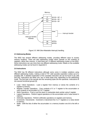 Page 14 
 
14
 
 
Figure 2-5. NMI (Non-Maskable Interrupt) handling. 
 
2.5 Addressing Modes 
 
The 6502 has several different addressing modes, providing different ways to access 
memory locations. There are also addressing modes which operate on the contents of 
registers, rather than memory. In total there are 13 different addressing modes on the 6502. 
Some instructions can use more than one different addressing mode. Details on the available 
addressing modes can be found in Appendix E. 
 
2.6 Instructions...