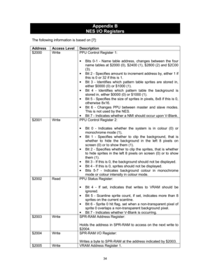 Page 34 
 
34
Appendix B 
NES I/O Registers 
 
The following information is based on [7]: 
 
Address Access Level Description 
$2000  Write  PPU Control Register 1: 
 
•  Bits 0-1 - Name table address, changes between the four 
name tables at $2000 (0), $2400 (1), $2800 (2) and $2C00 
(3). 
•  Bit 2 - Specifies amount to increment address by, either 1 if 
this is 0 or 32 if this is 1. 
•  Bit 3 - Identifies which pattern table sprites are stored in, 
either $0000 (0) or $1000 (1). 
•  Bit 4 - Identifies which...