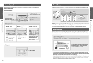 Page 10Basic Operations
16
Basic Operations
17
DimBright
Battery endurance timeShorterLonger
Screen brightness
Power On/Off and Basic Configuration
Power On/Off and Basic Configuration
 Using the keyboard
A keyboard will display when you are required to enter characters. There are two types of keyboards: a standard alphanumeric keyboard and a ten-key keyboard.
 Power LED status
The power LED lights when the system is on. The color and status of the LED changes depending on the remaining battery charge.
The...