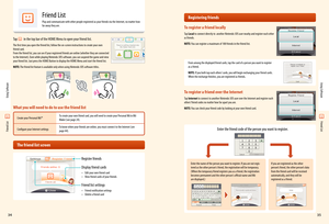 Page 193435
Using Software
Using Software
Register friends
Display friend cards
• Edit your own friend card• View friend cards of your friends
Friend list settings
• Friend notification settings• Delete a friend card
Friend List
Friend List
Friend List
Play and communicate with other people registered as your friends via the Internet, no matter how far away they are.
Ta p  in the top bar of the HOME Menu to open your friend list.
The first time you open the friend list, follow the on-screen instructions to...