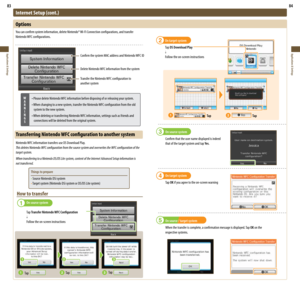 Page 4383
Applications & Settings
84
Applications & SettingsConfirm the system MAC address and Nintendo WFC ID
Delete Nintendo WFC information from the system
Transfer the Nintendo WFC configuration to  
another system
Internet Setup (cont.)
Options
You	can	confirm	system	information,	delete	Nintendo®	Wi-Fi	Connection	configurations,	and	transfer	
Nintendo WFC configurations.
WA
R
N I
N G S •	Please	delete	Nintendo	
WFC	information	before	disposing	of	or	releasing	your	system.
•	 When	changing	to	a	new	system,...