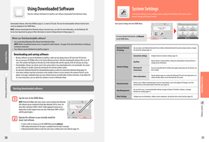 Page 1730
Using Software
Using Downloaded Software
31
Downloaded software, other than DSiWare (page 3), is saved on SD Cards. The icons for downloadable software that has been saved are displayed on the HOME Menu.
NOTE: Software downloaded from Nintendo eShop is licensed to you, not sold. For more information, see the Nintendo 3DS Service User Agreement by going to Other Information in System Settings/Internet Settings (page 31).
Where can I find downloadable software?
• You can download Nintendo 3DS software...