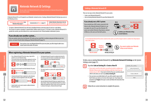 Page 183332
System ConfigurationSystem Configuration
A Nintendo Network ID is an ID required to use Nintendo's network services. Creating a Nintendo Network ID will give you access to the following services.
Download free or demo software from Nintendo eShop (page 3) Communication in Miiverse (page 27)Combine Nintendo eShop balances from the 
Wii U and the New Nintendo 3DS XL systems.
• To register a Nintendo Network ID you will need a broadband Internet connection (page 34) and an e-mail address.• The...