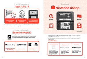 Page 332
Super-Stable 3D
An optimal 3D viewing experience with
Using facial recognition with the inner camera... Even if your face or the screen 
moves during play... The 3D images will always be 
optimized for where your face is.
Super-Stable 3D uses the inner camera to track your face and provide you with an optimal 3D image even when your body or head moves while using the New Nintendo 3DS system (page 20).
Nintendo Network ID
Even better network services with a
Register a Nintendo Network ID to enjoy the...