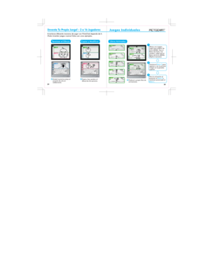 Page 6Juegos Individuales¡Inventa Tu Propio Juego!-2a16Jugadores
Terminar el Dibujo
Libros Animados
Inventarse diferente maneras de jugar con PictoChat depende de ti.
¡Trata inventar juegos nuevos! Estos son unos ejemplos.
Añade la próxima pieza al
proyecto de arte en
colaboración.Produce tu propio libro de
animaciones.Dibuja una imagen,
luego toca el Botón de
Envío (SEND). Toca el
Botón de Copia, haz
cambios, luego toca el
Botón de Envío (SEND).
(Repite el proceso)
Presiona elBotón Rpara
regresar y ver la...