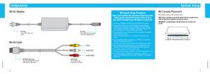 Page 689
Sy\ftem Setup
Component\f
ComponentsSystem Setup
W\f\f AC Adapter
W\f\f AV Cable
V\fdeo
Aud\fo (Left)
Aud\fo (R\fght)
AC Plug
Connects to a 120V AC wall 
outlet.DC PlugConnects to the DC I\cnput connector  
on the back of the W\f\f console.
AV Mult\f Out PlugPlugs \fnto the AV Mult\f Out connector\c 
on the back of the W\f\f console.RCA PlugsPlug \fnto the AV \fnput  
connectors on a tele\cv\fs\fon.
W\f\f Console Usage Precaut\fons
Please read and follow the p\Wrecaut\fons l\fsted bel\Wow when...