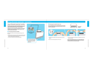 Page 18Press in
and up
3233
Using Nintendo GameCube Controllers
Using Nintendo GameCube Controllers
Nintendo GameCube
Controller
Using Nintendo GameCube™ Controllers
Setup of Nintendo GameCube Controllers
NOTE: When using GameCube Controllers with the Wii console, be sure and 
use the stand plate to help prevent the console from being tipped over by 
pulling on the controller cable. (See page 11, Vertical Placement.)
Optionally, the console can be placed horizontally. When using GameCube 
Controllers in the...