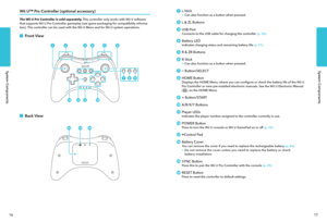 Page 11System ComponentsSystem Components
1617
System ComponentsSystem Components
Wii U™ Pro Controller (optional accessory)
The Wii U Pro Controller is sold separately. This controller only works with Wii U software that supports Wii U Pro Controller gameplay (see game packaging for compatibility informa-tion). This controller can be used with the Wii U Menu and for Wii U system operations.
Front View
Back View
L Stick• Can also function as a button when pressed.
L & ZL Buttons
USB PortConnects to the USB...