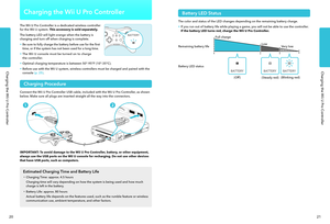 Page 13Charging the Wii U Pro Controller
21
Charging the Wii U Pro Controller
20
Charging the Wii U Pro Controller
The Wii U Pro Controller is a dedicated wireless controller for the Wii U system. This accessory is sold separately.
The battery LED will light orange when the battery is charging and turn off when charging is complete.
• Be sure to fully charge the battery before use for the first time, or if the system has not been used for a long time.
• The Wii U console must be turned on to charge the...