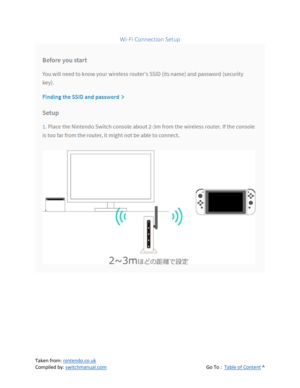 Page 16 
Taken from: nintendo.co.uk 
Compiled by: switchmanual.com  Go To :  Table of Content ^ 
Wi-Fi Connection Setup 
  