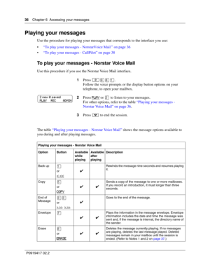 Page 3636    Chapter 6  Accessing your messages
P0919417 02.2
Playing your messages
Use the procedure for playing your messages that corresponds to the interface you use:
“To play your messages - Norstar Voice Mail” on page 36
“To play your messages - CallPilot” on page 38
To play your messages - Norstar Voice Mail
Use this procedure if you use the Norstar Voice Mail interface.
The table “Playing your messages - Norstar Voice Mail” shows the message options available to 
you during and after playing...