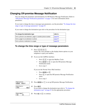 Page 83Chapter 10  Off-premise Message Notification    83
CallPilot Reference Guide
Changing Off-premise Message Notification
You can change the parameters and destinations for Off-Premise Message Notification. Refer to 
“Off-premise Message Notification parameters” on page 72 for more information about 
parameters.
If you want to change the time or message type parameters, use the procedure “To change the time 
range or type of message parameters” on page 83
If you want to change the destination type refer to...