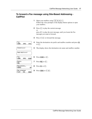 Page 17  CallPilot Message Networking User Guide    17
CallPilot Message Networking User Guide
To forward a Fax message using Site-Based Addressing - 
CallPilot
1Open your mailbox using ≤·°⁄.
Follow the voice prompts or the display button options to open 
your mailbox.
2Press ¤ 
to play the current message
or
press ﬂ to play the next message, until you locate the Fax 
message you want to forward.
3Press ‡‹ to forward the message.
4Enter the destination site prefix and mailbox number and press OK
 
or £.
5The...