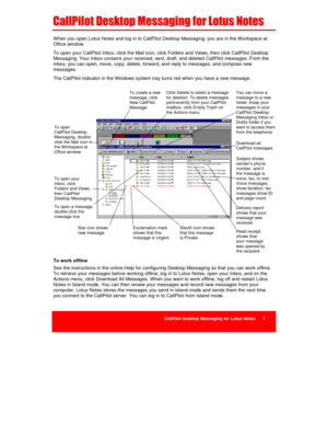 Page 15CallPilot Desktop Messaging for Lotus Notes      1

	

	





)	

When you open Lotus Notes and log in to CallPilot Desktop Messaging, you are in the Workspace at
Office window.
To open your CallPilot Inbox, click the Mail icon, click Folders and Views, then click CallPilot Desktop
Messaging. Your Inbox contains your received, sent, draft, and deleted CallPilot messages. From the
Inbox, you can open, move, copy, delete, forward, and reply to messages, and compose new...