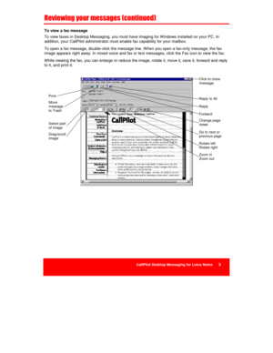 Page 17CallPilot Desktop Messaging for Lotus Notes      3
	!	

	

	

#	$
To view a fax message
To view faxes in Desktop Messaging, you must have Imaging for Windows installed on your PC. In
addition, your CallPilot administrator must enable fax capability for your mailbox.
To open a fax message, double-click the message line. When you open a fax-only message, the fax
image appears right away. In mixed voice and fax or text messages, click the Fax icon to view the fax.
While viewing the fax,...