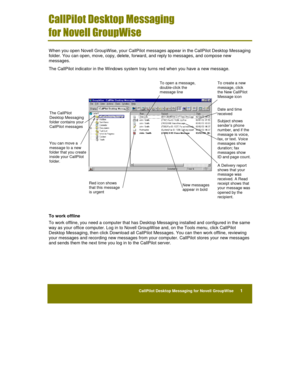 Page 23CallPilot Desktop Messaging for Novell GroupWise      1

	

	



)!	
*
	
When you open Novell GroupWise, your CallPilot messages appear in the CallPilot Desktop Messaging
folder. You can open, move, copy, delete, forward, and reply to messages, and compose new
messages.
The CallPilot indicator in the Windows system tray turns red when you have a new message.
To work offline
To work offline, you need a computer that has Desktop Messaging installed and configured in the...