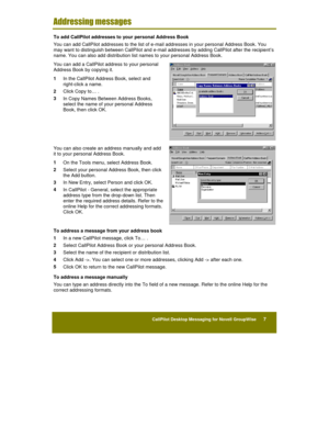 Page 29CallPilot Desktop Messaging for Novell GroupWise      7
&	


	

	

To add CallPilot addresses to your personal Address Book
You can add CallPilot addresses to the list of e-mail addresses in your personal Address Book. You
may want to distinguish between CallPilot and e-mail addresses by adding CallPilot after the recipient’s
name. You can also add distribution list names to your personal Address Book.
You can add a CallPilot address to your personal
Address Book by copying it.
1 
In the...