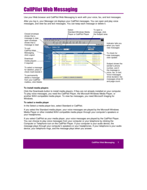 Page 33CallPilot Web Messaging      1

*	
	


Use your Web browser and CallPilot Web Messaging to work with your voice, fax, and text messages.
After you log in, your Message List displays your CallPilot messages. You can open and play voice
messages, and view fax and text messages. You can keep each message or delete it.
To install media players
Click the Downloads button to install media players, if they are not already installed on your computer.
To play voice messages, you need the CallPilot...