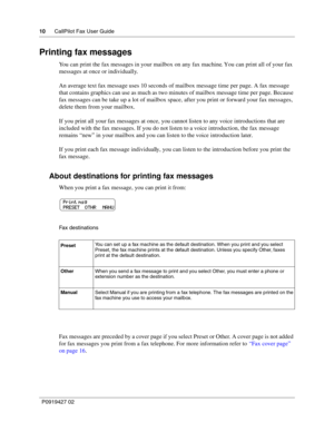 Page 1010CallPilot Fax User Guide
P0919427 02
Printing fax messages
You can print the fax messages in your mailbox on any fax machine. You can print all of your fax 
messages at once or individually.
An average text fax message uses 10 seconds of mailbox message time per page. A fax message 
that contains graphics can use as much as two minutes of mailbox message time per page. Because 
fax messages can be take up a lot of mailbox space, after you print or forward your fax messages, 
delete them from your...