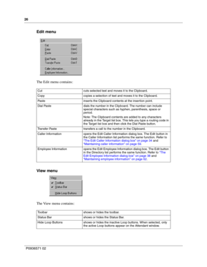 Page 2626
P0936571 02
 
Edit menu
The Edit menu contains:
View menu
The View menu contains:
Cut cuts selected text and moves it to the Clipboard.
Copy copies a selection of text and moves it to the Clipboard.
Paste inserts the Clipboard contents at the insertion point.
Dial Paste dials the number in the Clipboard. The number can include 
special characters such as hyphen, parenthesis, space or 
period.
Note: The Clipboard contents are added to any characters 
already in the Target list box. This lets you type a...
