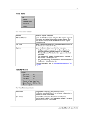 Page 2727
Attendant Console User Guide
 
Tools menu
The Tools menu contains:
Transfer menu
The Transfer menu contains:
Reports starts the Reports component.
Attendant Monitor opens the Attendant Monitor dialog box that displays diagnostic 
information sent by the Client component and received back 
from the Server component. The Attendant Monitor helps in 
troubleshooting. 
Log to File writes Client component activity and Server messaging to a log 
file. This is used for troubleshooting.
Options opens the...