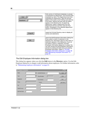 Page 3838
P0936571 02
 
The Edit Employee Information dialog box
This dialog box appears when you click the Edit button in the Directory option. Use the Edit 
Employee dialog box to change or add information about employees. For further information, refer 
to “Maintaining employee information” on page 62.
finds names of individual employees or groups 
of employees by department. The Find box finds 
employee by name. The Department box finds 
employees by department. Type the first few 
letters of the name in...
