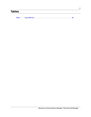 Page 77
Bu sine ss Commun ic at ions  M ana ger   P ers o n al  Ca ll  M an ager
 
Ta b l e s
Table 1 Copy Methods  . . . . . . . . . . . . . . . . . . . . . . . . . . . . . . . . . . . . . . . . . . . . . 66 