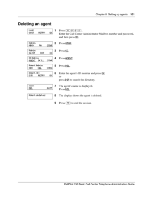 Page 101Chapter 8  Setting up agents    101
CallPilot 150 Basic Call Center Telephone Administration Guide
Deleting an agent
1Press ≤·°‹.
Enter the Call Center Administrator Mailbox number and password,
and then press OK
.
2Press OTHR
.
3Press CC
.
4Press AGENT
.
5Press DEL
.
6Enter the agent’s ID number and press OK
or
press DIR
 to search the directory.
7The agent’s name is displayed.
Press DEL
.
8The display shows the agent is deleted.
9Press ® to end the session.
Log:
QUIT        RETRY        OK
Admin
MBOX...