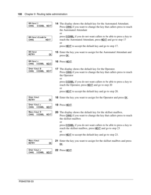 Page 108108    Chapter 9  Routing table administration
P0945709 03
14The display shows the default key for the Automated Attendant.
Press CHNG
 if you want to change the key that callers press to reach 
the Automated Attendant
or
press DISABL
 if you do not want callers to be able to press a key to 
reach the Automated Attendant, press NEXT
 and go to step 17
or
press NEXT
 to accept the default key and go to step 17.
15Enter the key you want to assign for the Automated Attendant and 
press OK
.
16Press NEXT
....