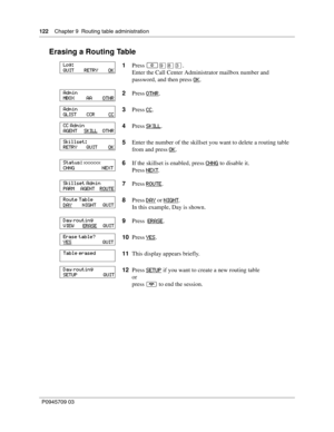 Page 122122    Chapter 9  Routing table administration
P0945709 03
Erasing a Routing Table
1Press ≤·°‹.
Enter the Call Center Administrator mailbox number and 
password, and then press OK
.
2Press OTHR
.
3Press CC
.
4Press SKILL
.
5Enter the number of the skillset you want to delete a routing table 
from and press OK
.
6If the skillset is enabled, press CHNG
 to disable it.
Press NEXT
.
7Press ROUTE
.
8Press DAY
 or NIGHT.
In this example, Day is shown.
9Press  ERASE
.
10Press YES
.
11This display appears...